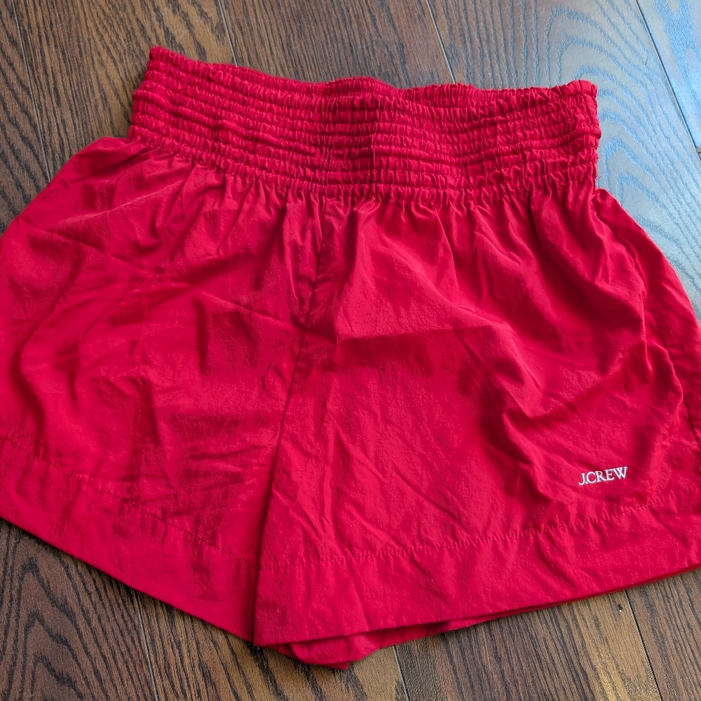 J Crew Bright Red Smocked Beach Shorts NEW Small Summer Coastal Baywatch Vacatio